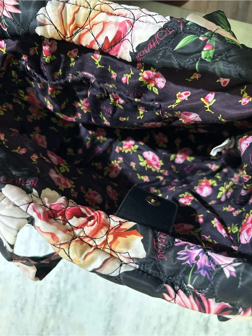 Betsey Johnson Black + Pink Quilted Floral Cute Casual Bucket Bag Tote